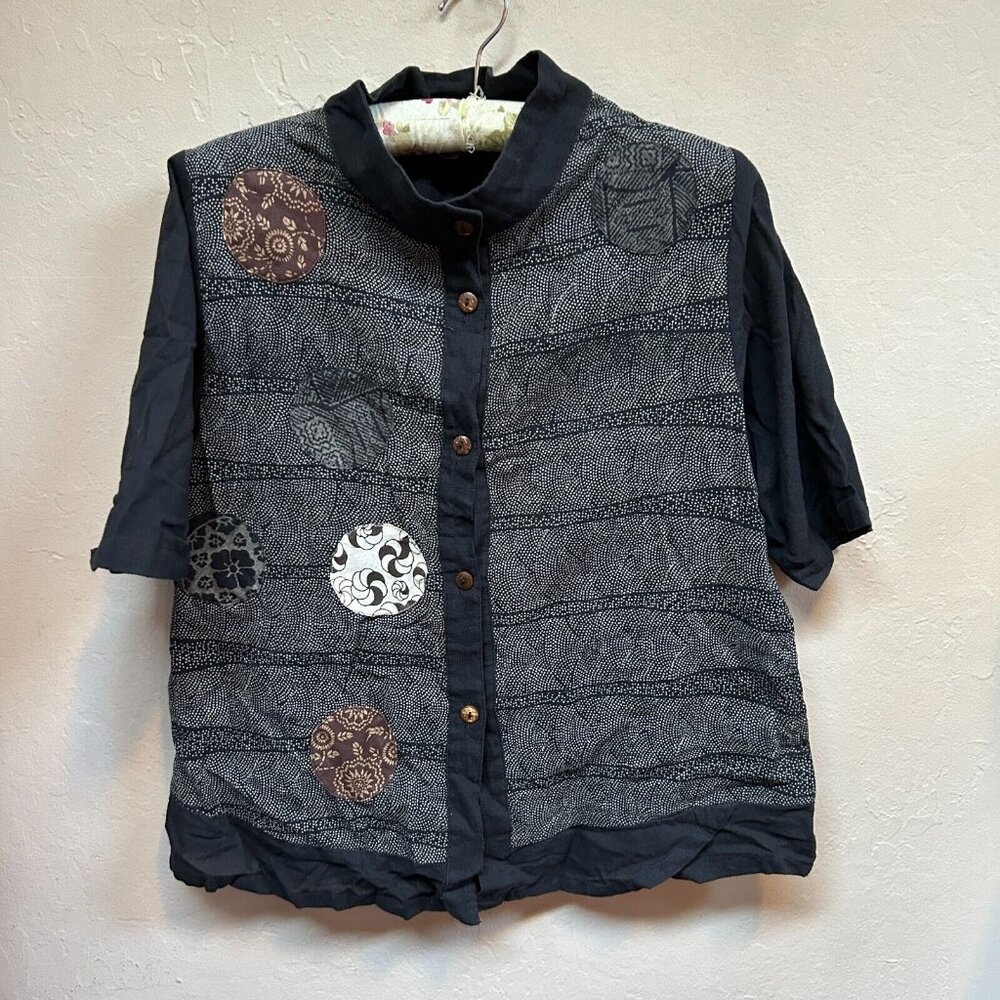 Cupcake International Women's Full Button Blouse Top Cotton Black Size Small